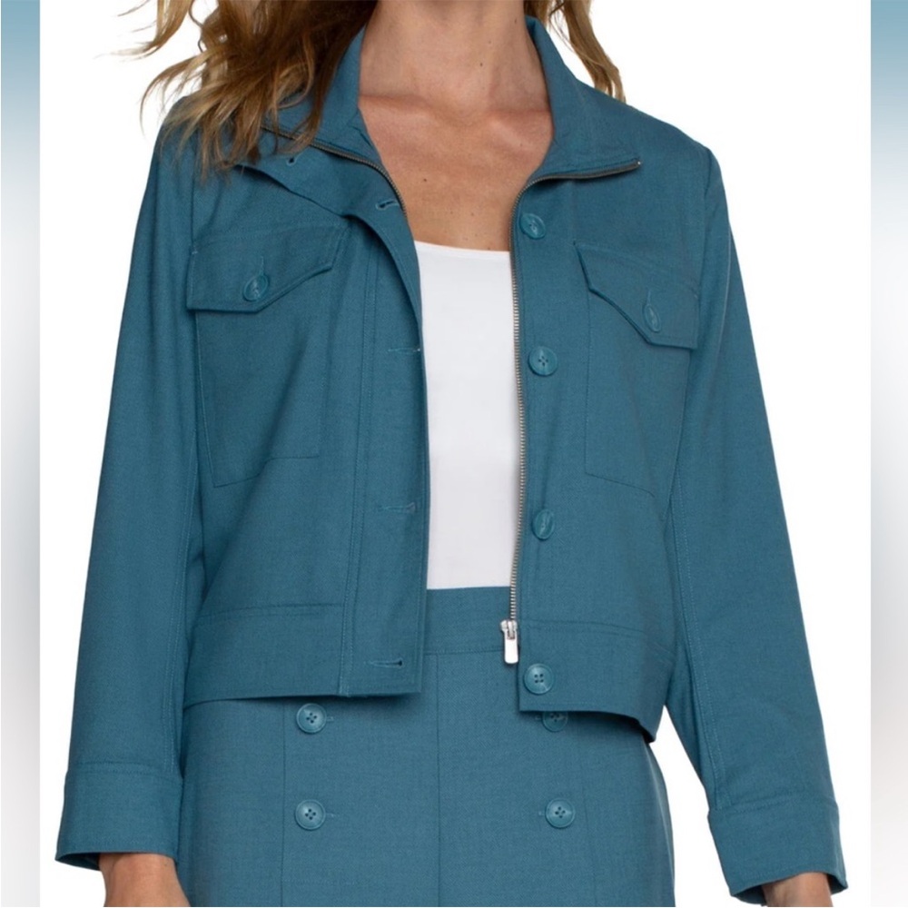 Liverpool Large Jacket Utility Crop Casual Ocean Blue zip and button front NWT